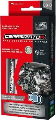 The image shows the packaging of a motor oil additive product, featuring an illustration of an engine and various product details.