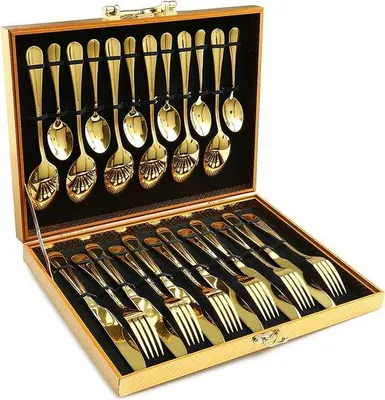 Produktbild von Unyqoos® 24-teiliges Besteckset für 6 Personen – 18/10 Edelstahl, spiegelpoliertes Goldbesteck in Geschenkbox, 6 Messer/6 Gabeln/6 Löffel/6 Teelöffel