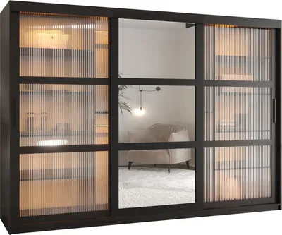 Produktbild von MEBLE KRYSPOL FLUTES 2 3-türiger Schrank Spiegel, 200x250x62cm - Schwarz, Schwarz, Schwarz