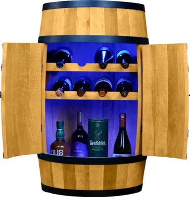Image de CREATIVE COOPER Casier à vin en bois avec porte et éclairage LED RGB - casier à vin - casier à bouteilles pour armoire à alcool - tonneau en bois - mobilier en tonneau - cave à vin - bar à vin - bar avec porte - chêne 80 cm