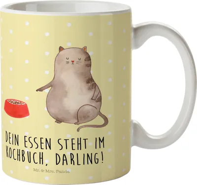 Produktbild von Mr. & Mrs. Panda Pott Katze Fressen - Gelb Pastell - Geschenk, Mehrwegbecher, Reisebecher, Plastikbecher, Henkelbecher, Haferl