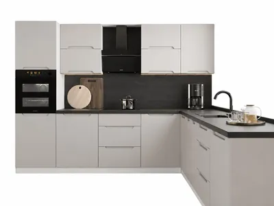 Produktbild von Winkelküche – Eckküchen-Set – Küchenzeile L-Form – Komplettküche – Zivora – KS33-G300x290 cm – Hellgrau Matt, KI-generiertes Bild