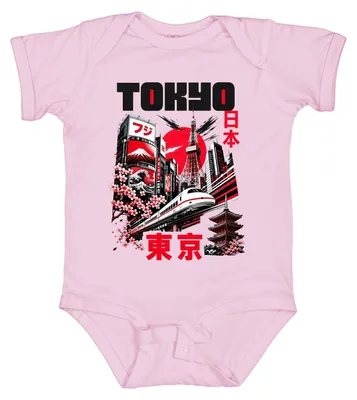 Productafbeelding van Tokio, Japan, skyline, Shinkansen (hogesnelheidstrein), Mount Fuji, kersenbloesems, Y2K, Tokyo Tower, babyromper, roze, maat 0/3