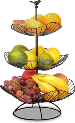 Produktbild von Famanu Obstständer 3 Ebenen - schwarze Obstschale - metallener Obsthalter - 3 Ablageschalen