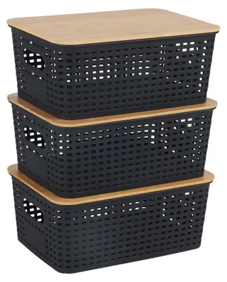 Obrázek produktu pro Stohovatelné úložné boxy s bambusovými víky - sada 3 kusů