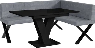 Produktbild von MEBLINI Eckbank für Esszimmer mit ausziehbarem Tisch - Küchenbank - Essecke - Sitzecke Küche - PETER - X-Beine 128x168x87cm Rechts - Grau Samt/M Schwarz Hochgl.