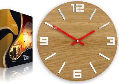 Produktbild von ModernClock, Eichenholz Uhr, wanduhr holz, wanduhr, Arabisch weiss&rot33cm