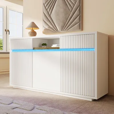 Produktbild von STILVORA Sideboard mit LED und 2 Schubladen und 3 Türen, Kommode mit verstellbaren Einlegeböden, Wohnzimmerschrank für Flur und Küche Weiß