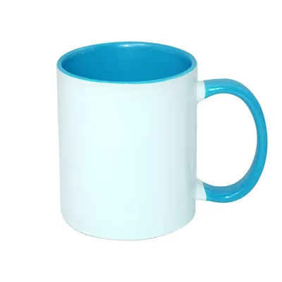 Zdjęcie produktu dla Kubek ceramiczny biały "FUNNY" z wnętrzem i uszkiem w kolorze błękitnym do sublimacji klasa A+