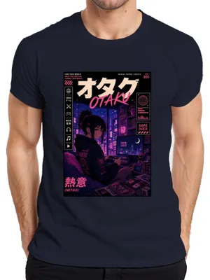 Immagine prodotto di Maglietta da uomo "Otaku Netsui", con grafica ispirata all'anime, ai videogiochi, al Giappone, allo stile Y2K e al vaporwave, colore blu navy, taglia M