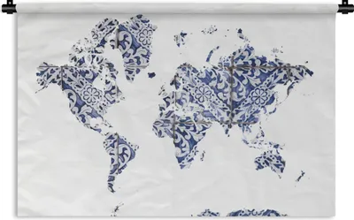 Produktbild von MuchoWow® Wandteppich Wandbehang Weltkarte - Delfter Blau - Weiß 150x100 cm Tapisserie Dekoration Wandtuch - Waschbar - Tapisserien - Wand-Decke