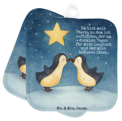 Produktbild von Mr. & Mrs. Panda Topflappen Pinguin Liebe Design - Weiß - Geschenk, topfhalter, Topflappenset, Set, Love, Kochlappen, Freundin, Liebesspruch, Geschenkidee, Vertraut