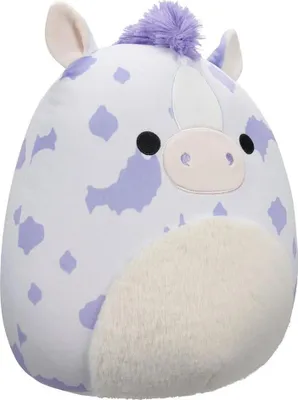 A plush toy horse with purple spots and a fluffy white belly.