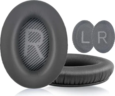 A set of dark gray ear pads for headphones, with two smaller circular inserts labeled 'LR'.