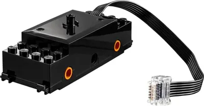 A black LEGO Powered Up train motor with a black ribbon cable and a clear connector is shown on a white background.