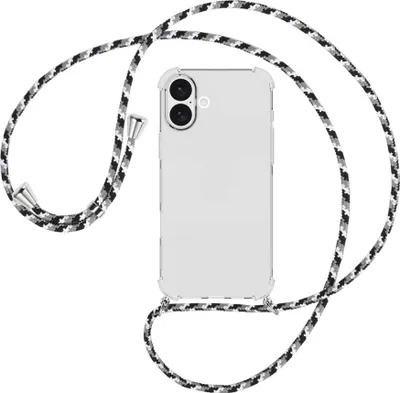 Produktbild von Handykette Backcover-Schutzhülle mit Band (Metall silberfarben) für iPhone 16 Plus - schwarz/grau/weiß