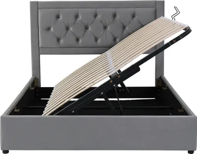 Produktbild von Merax Polsterbett 140x200cm mit Stauraum, Boxspringbett Doppelbett mit Lattenrost, Samt Jugendbett Stauraumbett Massivholzbett, Grau