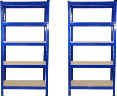 Image de 2 étagères de rangement T-RAX bleues en acier inoxydable pour garage ou atelier, montage rapide et facile sans outils, capacité de charge de 150 kg par étagère - 75 x 150 x 30 cm