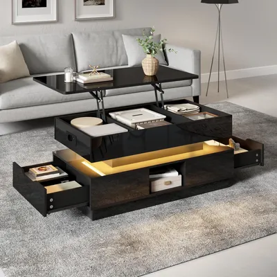 Produktbild von Merax Couchtisch Hochglanz mit LED Beleuchtung und Schubladen, höhenverstellbar Wohnzimmertisch mit Stauraum und Steckdose, Lift-Top, Schwarz