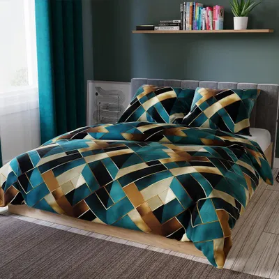 Produktbild von RUBIK Satin-Bettwäsche - Geometrische Unis in Türkis- und Goldtönen - 160 x 200 cm