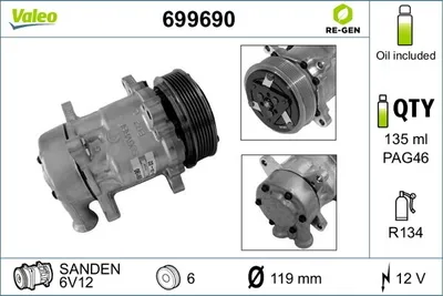 Produktbild von VALEO 699690 6V12 Klimaanlage Klimakompressor PAG 46 R134a passend für PEUGEOT 206 Schrägheck (2A/C) 206 CC (2D) 206 SW (2E/K) 206 Kastenwagen
