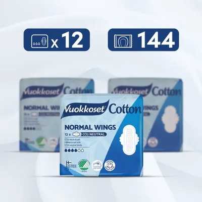 Zdjęcie produktu dla ZAPAS Podpasek Bawełna NORMAL WINGS 144 szt. Vuokkoset | 100% Bio-Bawełna, Chłonność 4/6 | Hipoalergiczny Pakiet Bezpieczeństwa