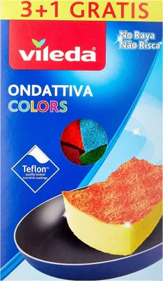 The image shows the packaging of Vileda cleaning sponges, featuring a graphic of a sponge on a frying pan and colorful segments representing different sponge textures.