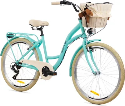 Produktbild von Goetze Mood 26 Zoll City Bike, 17 Zoll Tiefeinsteigerrahmen, 6-Gang Shimano Tourney, V-Bremse, LED-Beleuchtung, Komfortsattel, Rattankorb