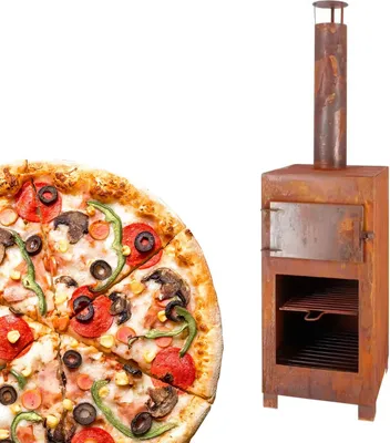 Produktbild von Pizzaofen Gartenkamin Rostfarben aus Stahl – Outdoor Kamin & Terrassenofen mit Pizzastein, Grillrost und Schornstein, Holzofen / Pizzaofen für Garten