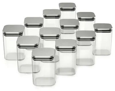 Obrázek produktu pro Skleněné nádoby Arendo, sada skleněných nádob 12x 1,2 l borosilikátové sklo s nerezovým víkem, hranaté, vzduchotěsné, sada 12 ks, tepelně odolné, ekologické, odolné, vhodné do mikrovlnné trouby