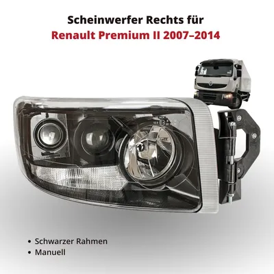 Obrázok produktu pre Predný svetlomet vpravo pre Renault Premium II 2007–2014 | Čierny rám | Ručné nastavenie | OEM 5010578478