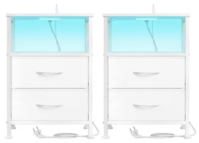 Zdjęcie produktu dla Zestaw dwóch stolików nocnych z oświetleniem LED i stacją ładowania | Biały | 39,6 x 30 x 60,4 cm