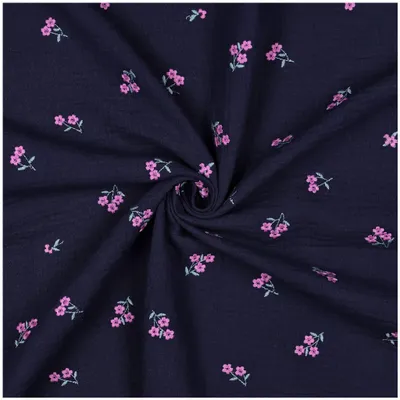 Musselin mit Blumen bestickt Uni Double Gauze ab 0,5m x 1,30m Baumwolle Oeko-Tex Meterware Sommerstoff marineblau