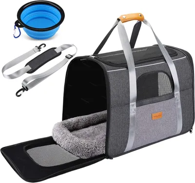 Image de Sac de transport pour animaux de compagnie - Sac de voyage pour chiens et chats - Transport sûr - Maille respirante - 45 x 35 cm - Noir et gris