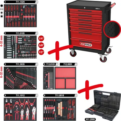 Immagine prodotto di KS TOOLS ECOline BLACK/ROT Carrello da officina con 7 cassetti e 598 utensili di qualità - 897.7598