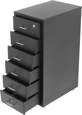 Produktbild von Rollcontainer mit Schubladen – Metallschreibtischcontainer – Zur Organisation im Büro – Abschließbar mit Schlüssel – 6 Schubladen – Schwarz