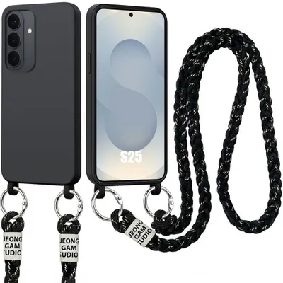Image de Coque pour Samsung Galaxy S25, Silicone Souple Anti-Rayures Antichoc avec Cordon Noir