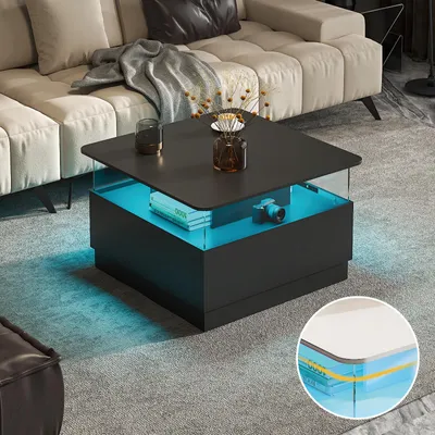 Produktbild von Radelldar Couchtisch mit LED-Beleuchtung Wohnzimmertisch Beistelltisch mit 2 Acryltüren-Schubladen, 78x78x48cm, Schwarz