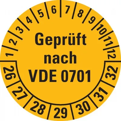 Produktbild von Dreifke® Prüfplakette  nach VDE 0701, 26-32, gelb, Dokumentenfolie, Ø ...