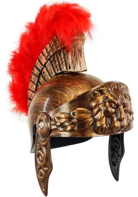Gold-bronzefarbener Centurio Römerhelm für Kinder mit antiker Ornamentverzierung, Wangenklappen und großem rotem Federkamm.
