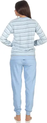 Produktbild von Eleganter Damen Frottee Pyjama langarm mit Bündchen in Streifenoptik - 291 201 13 568 ; hellblau , 48/50