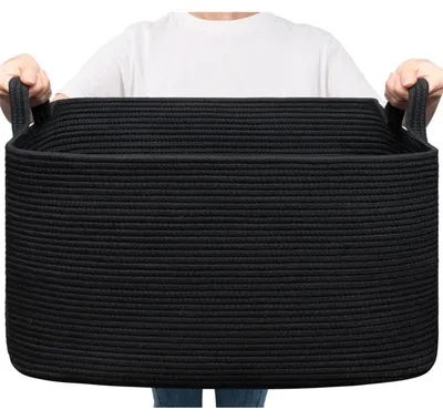 Immagine prodotto di Cesto per la biancheria intrecciato, 65 litri, nero, 55x38x29 cm, corda di cotone. Cesto portaoggetti, cesto per i giocattoli