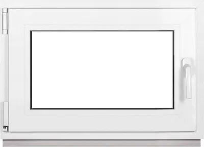 A white plastic window frame with a clear glass pane, shown from the front against a white background.