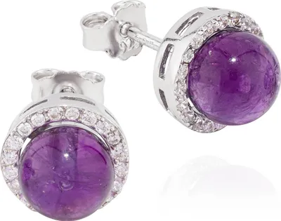 Produktbild von Paar 9mm Ohrstecker Kugel echt Amethyst 925 Silber mit Zirkonia Weiß Ohrringe