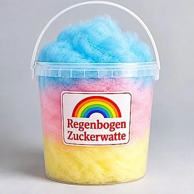 Produktbild von Bunte Regenbogen Zuckerwatte im Eimer 50g – Fluffig, Frisch & Fröhlich – Jahrmarkt Feeling für Zuhause – Süßigkeit für Kindergeburtstag, Party, Geschenk