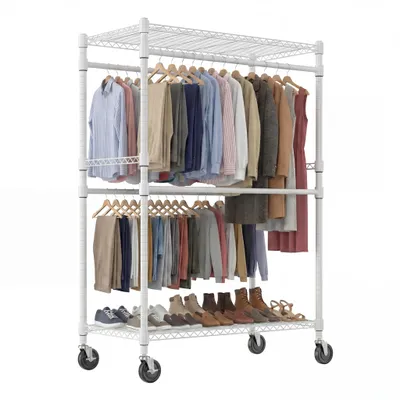 Produktbild von Schwerlast Kleiderständer auf Rollen, 263kg Belastbarkeit, 4 Kleiderstangen & 2 Ablagen, Verstellbarer Mobiler Kleiderschrank, 114x203cm, weiß