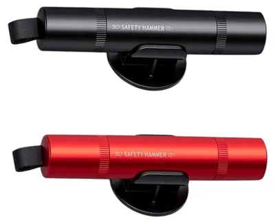 Imagen del producto de INF Juego 2 Rompecristales para Coche (Soporte + Cristal de Prueba) — Martillo de Emergencia de Aluminio con Cortador de Cinturón y Rompecristales con Muelle, Rojo/