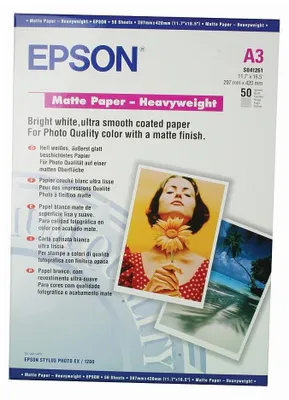 Produktbild von Epson Matte Paper-Heavy Weight, DIN A3, 167 g/m², 50 Blatt, Tintenstrahldrucker, A3 (297x420 mm), Matt, 50 Blätter, 167 g/m², Weiß