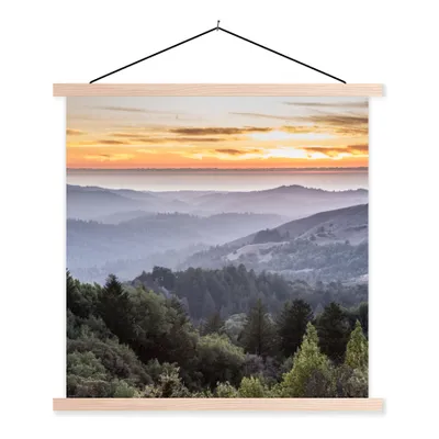 Produktbild von MuchoWow® Textilposter Berge - Sonne - Wald - Landschaft 120x120 cm mit holzfarbenen Rahmen - Textil-Poster