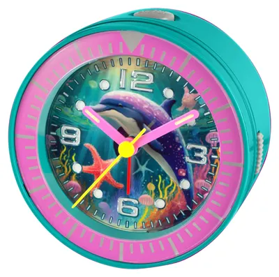 Produktbild von Kinder Wecker Meereswelt Analog Türkis/Pink, LED-Beleuchtung pink, Snooze, AA-Batterie inkl., Kunststoffgehäuse, 96 x 75 mm